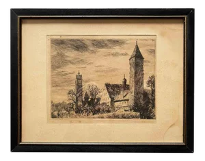 Antique Etching German Town Landscape