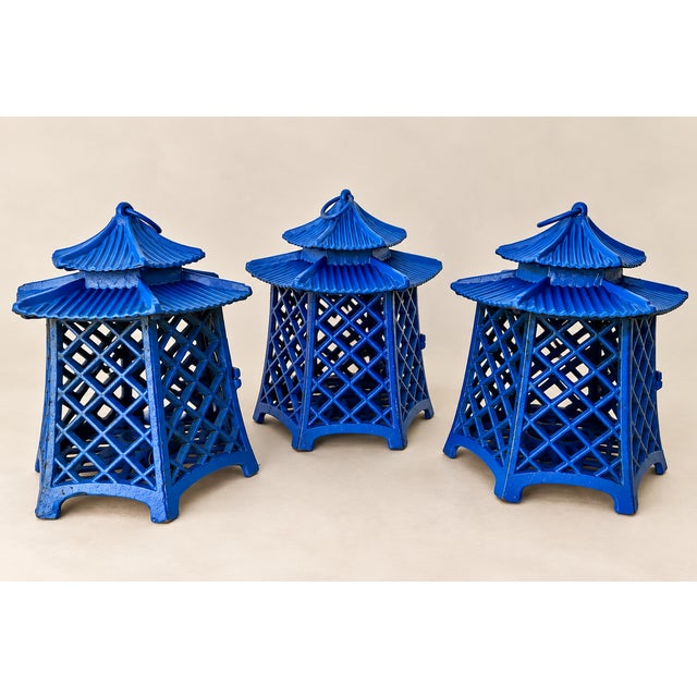Chinoiserie Three Vintage Blue Chinoiserie Asian Cast Iron Pagoda Laterns - a Set For Sale - Image 3 of 9