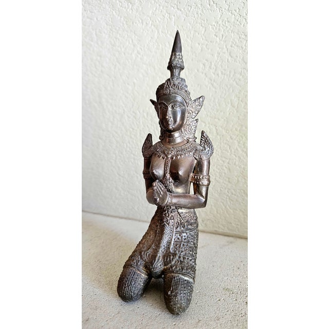 Early 20th Century Thai Bronze Thepphanom Devata Statue – Kneeling Celestial Guardian, 9” For Sale - Image 4 of 12