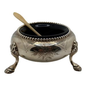 Victorian Silver Plate Open Salt Cellar With Cobalt Glass Liner & Spoon, Circa 1890