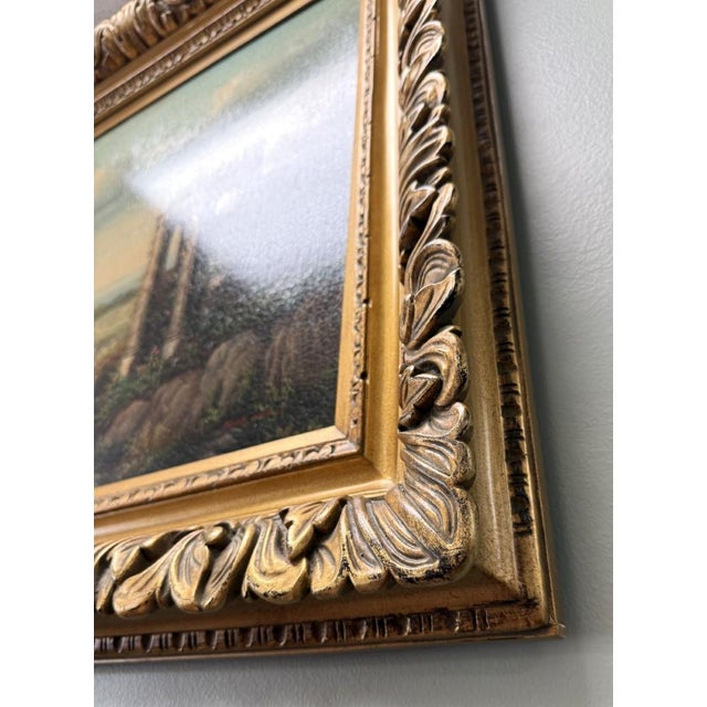 Blue Mid 20th Century Original Classical Landscape Oil Painting With River and Architectural Ruins - Signed For Sale - Image 8 of 11