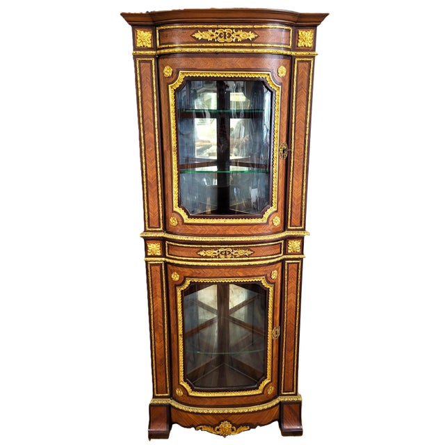 Antique French Bronze Mounted & Inlaid Corner Curio Cabinet Vitrine For Sale - Image 9 of 18