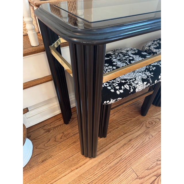 Late 20th Century Post Modern Black Lacquer and Brass Console Table With Chinoiserie Upholstered Nesting Stools For Sale In Madison - Image 6 of 7