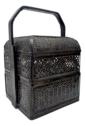 Chinese Export Black Lacquer Wedding Basket With Bentwood Handle 13"