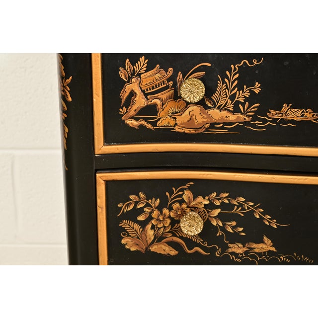Wood Drexel Heritage Hollywood Regency Chinoiserie Black Lacquered Hand Painted Chest of Drawers, Circa 1970s For Sale - Image 7 of 13