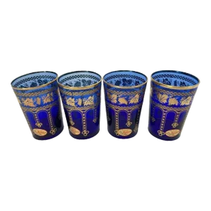 Moorish Blue and Gold Crystal Barware Italian Drinking Glasses Set of 4