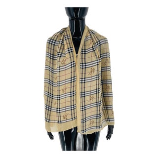 Burberry Beige Plaid 100% Silk Scarf For Sale