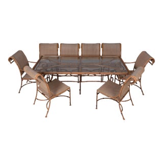 Mid Century Faux Bamboo Metal and Glass Table With Eight Chairs For Sale