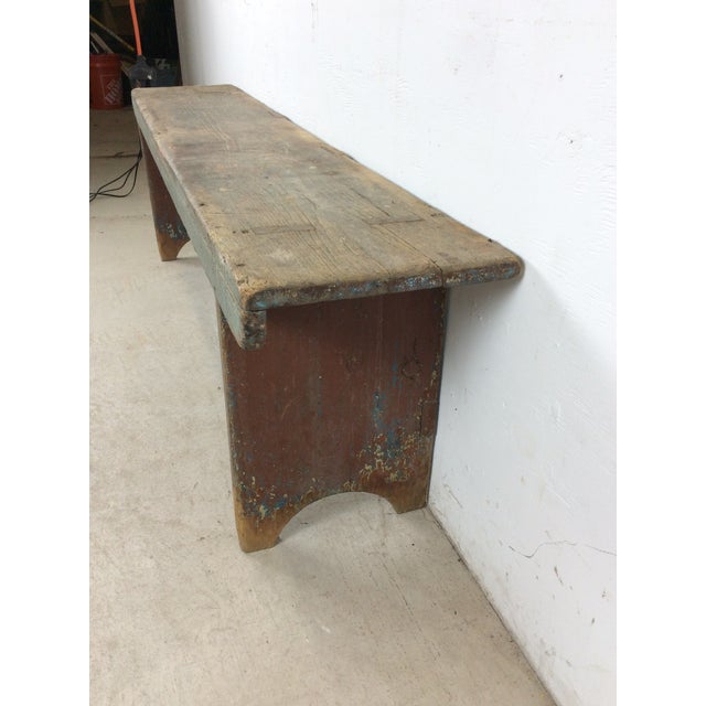 Antique Primitive Farmhouse Wood Bench With Chippy Paint Patina For Sale - Image 9 of 18