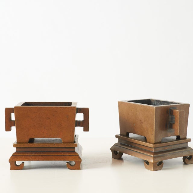 Pair of Bronze Censers on Carved Bases For Sale - Image 4 of 10