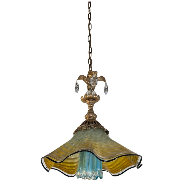 Murano Antique Murano and LaChaussee Art Glass Shades Ormolu Metal Pendant Light For Sale - Image 4 of 18