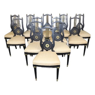 20th C. Set 12 Jansen Ebonized Louis XVI Style Lyre Back Dining Chairs For Sale
