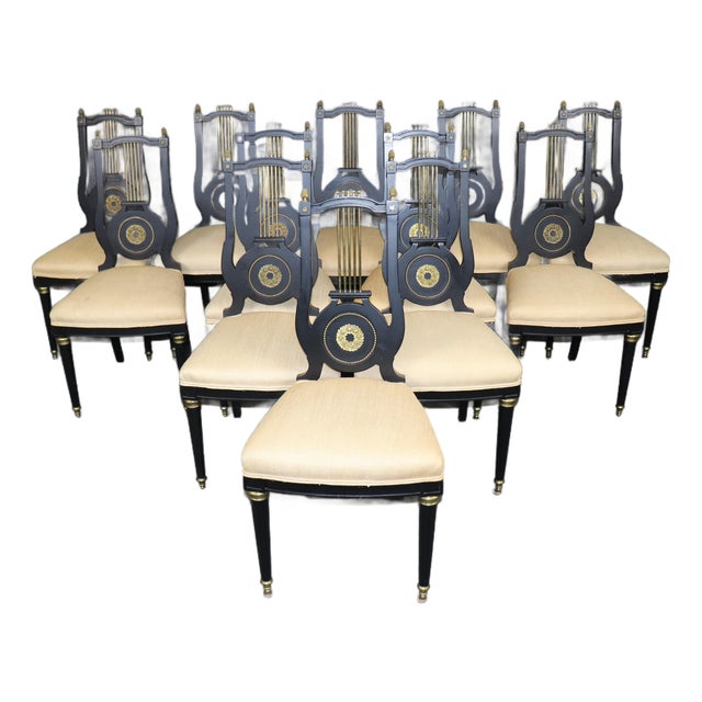 20th C. Set 12 Jansen Ebonized Louis XVI Style Lyre Back Dining Chairs For Sale