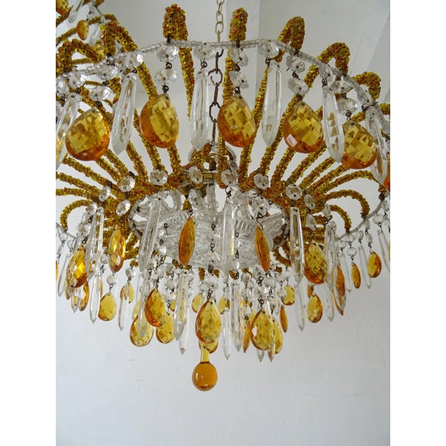 1 of 2 Italian Micro-Beaded Yellow Amber Flush Mount Crystal Prisms Chandelier For Sale - Image 6 of 12