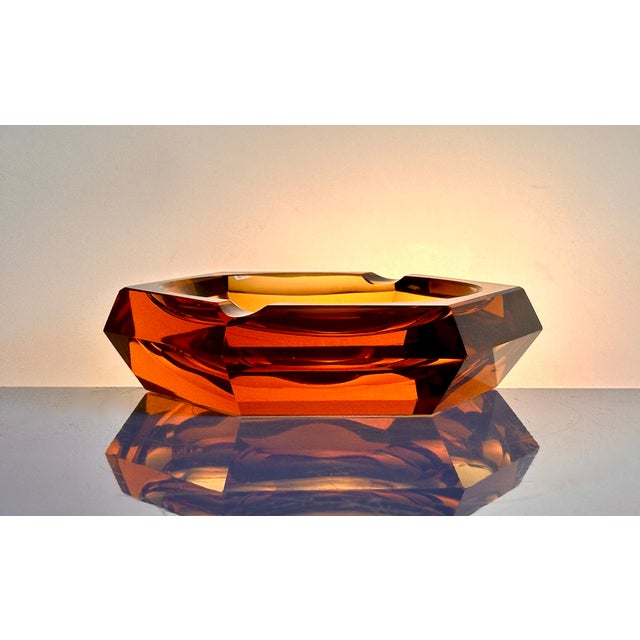 Boho Chic Art Deco Faceted Cut Hexagonal Amber-Colored Crystal Glass Ashtray, Bohemia, Former Czechoslovakia, 1920s For Sale - Image 3 of 13