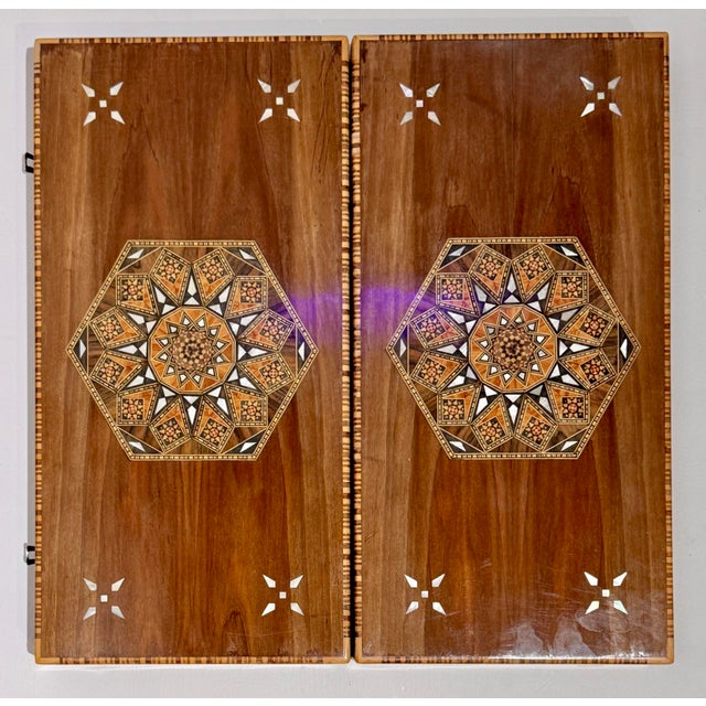 Vintage Handcrafted Damascus Marquetry Inlaid Wood Folding Backgammon Board Box For Sale In Los Angeles - Image 6 of 10
