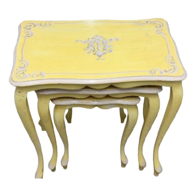 Vintage Yellow French Nesting Wood Side Tables - Set of 3 For Sale