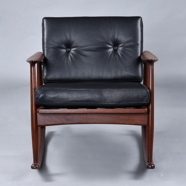 Mid-Century Modern Pair of Restored Moreddi 1950's Danish Teak Rocking Chairs in Black Leather For Sale - Image 3 of 11