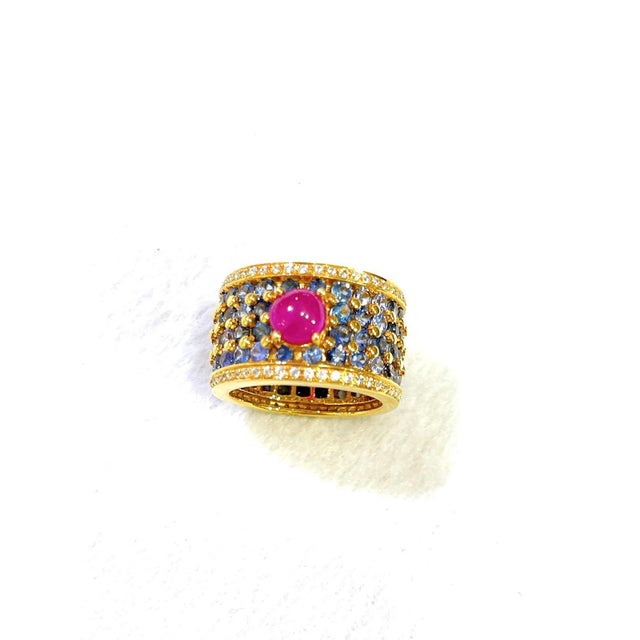 Contemporary Bochic “Orient” African Ruby & Blue Sapphire Band Ring Set In 18 K Gold & Silver, Size 5 For Sale - Image 3 of 5