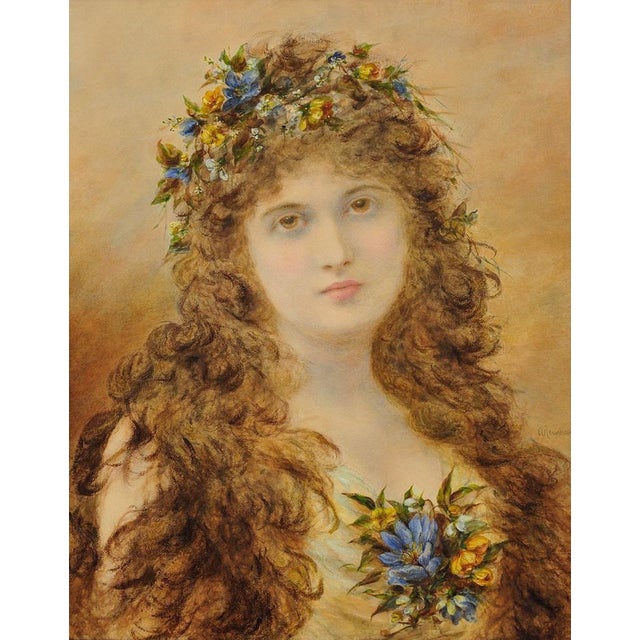 Alice Anne Renshaw. English ( b.1849 - d.1900 ). Primavera. Young Lady with Springtime Flowers In Her Hair. Watercolour,...