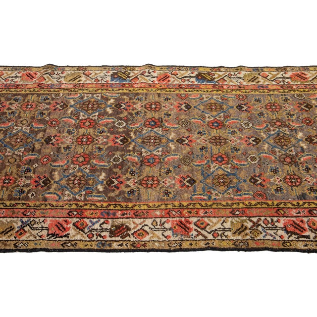 Antique Hamadan Floral Wool Runner Handmade in Brown and Rust For Sale - Image 4 of 7