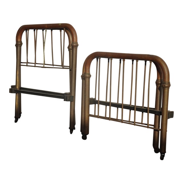 Vintage French Country Brass Copper Twin Headboards Footboards Bed