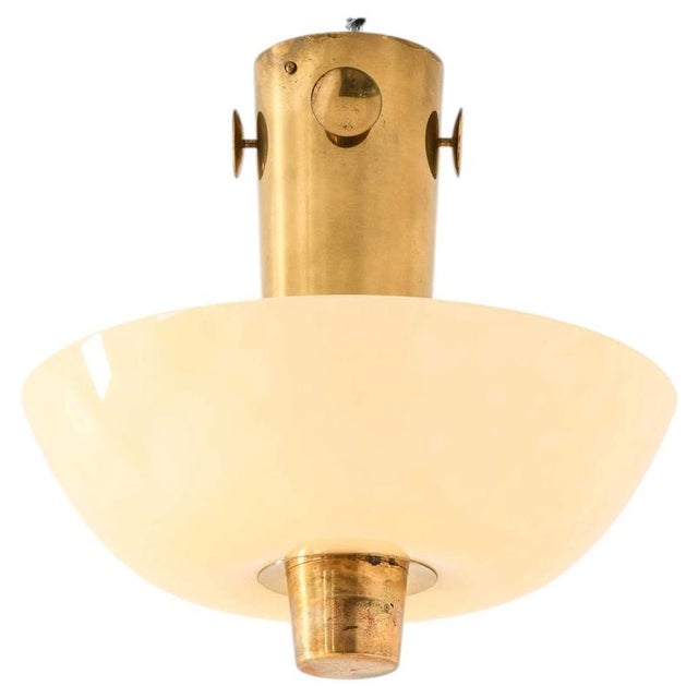 Modern Scandinavian Ceiling Lamp in Brass and Opaline Glass by Paavo Tynell, 1950s For Sale - Image 11 of 11