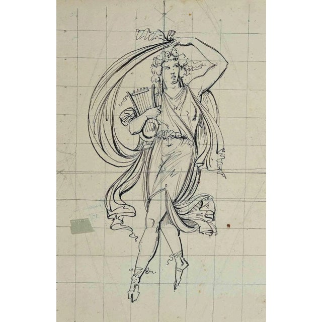 Artemis with the Harp is an original drawing in pen on paper applied on a brown paper Passepartout realized by an...