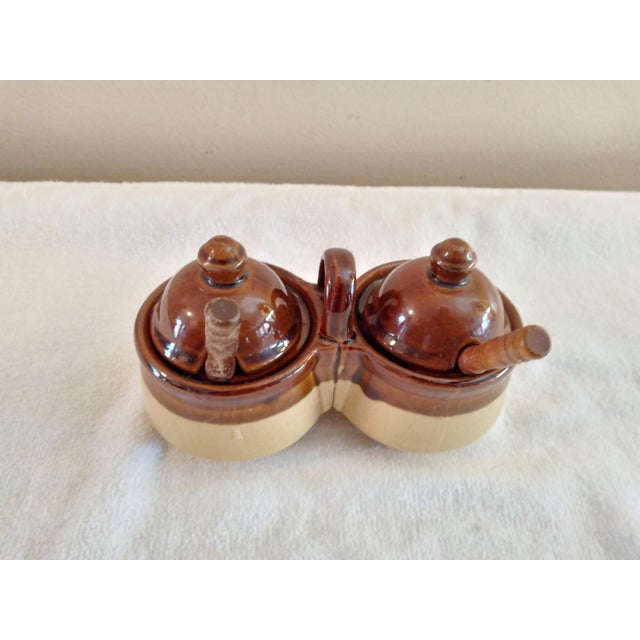 Vintage Stoneware Brown Glaze Double Condiment Jars Houston Foods 21979 - a Pair For Sale In Saint Louis - Image 6 of 7