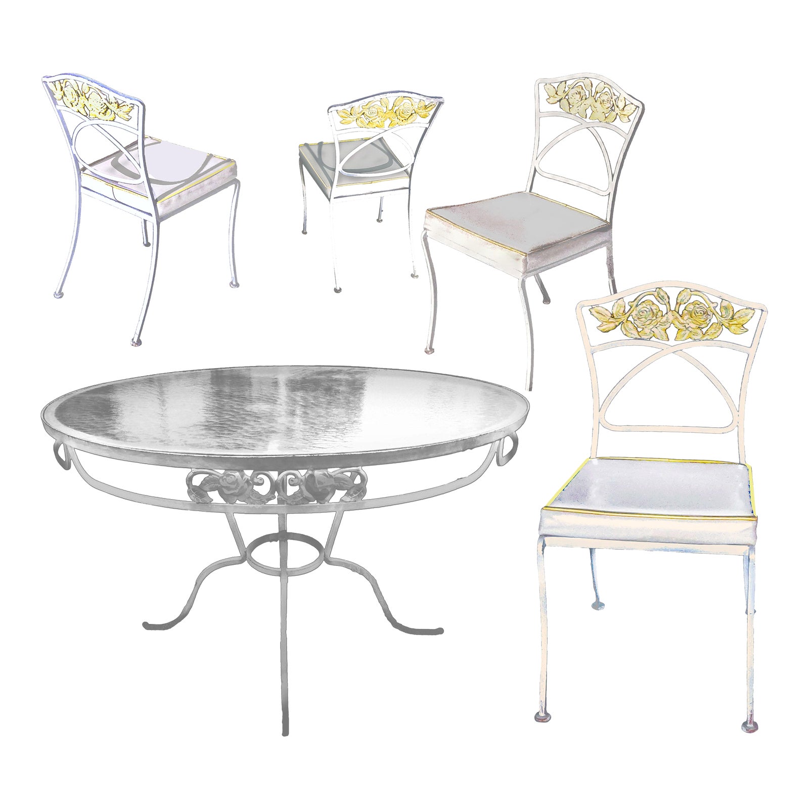 1950s O W Lee Co Normandy Rose Cast Iron Patio Table & 4 Matching