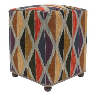 Bohemian Handmade Kilim Upholstered Ottoman For Sale