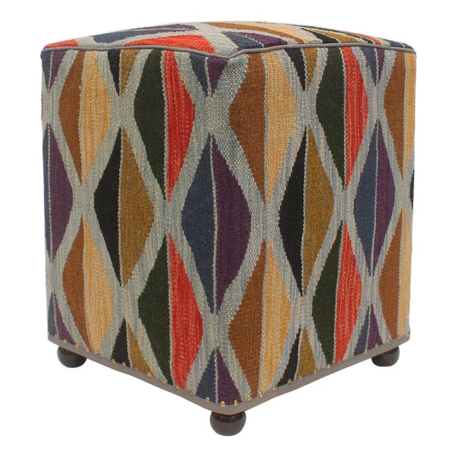 Bohemian Handmade Kilim Upholstered Ottoman For Sale