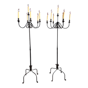 Vintage Gothic Wrought Iron Candelabra Floor Lamps - A Pair
