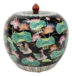 Mid 20th Century Chinese Lotus Leaf Motif Lidded Melon Jar