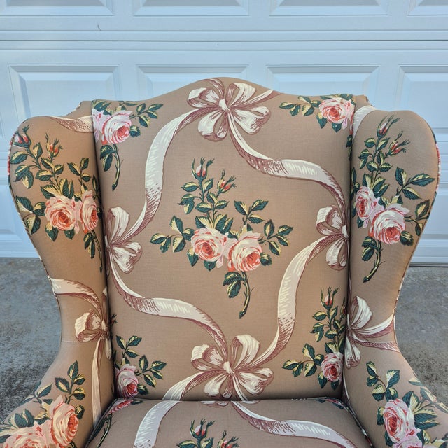 Hollywood Regency Late 20th Century Hickory Chair Cocoa Brown Rose and Ribbon Pattern Wing Back Arm Chair For Sale - Image 3 of 13