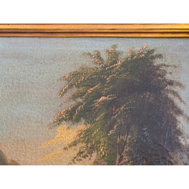 An romanticism oil painting of a great lake scene with shepherds and a flock of sheep with a peaceful lake in the...