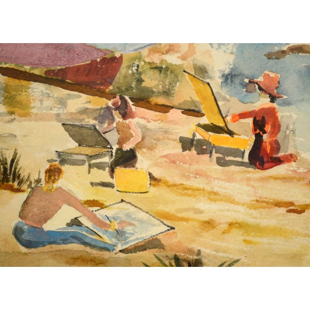 Art Class on the Beach, Vintage Bay Area Coast Figural Landscape Watercolor by Sewall Smith For Sale - Image 4 of 6