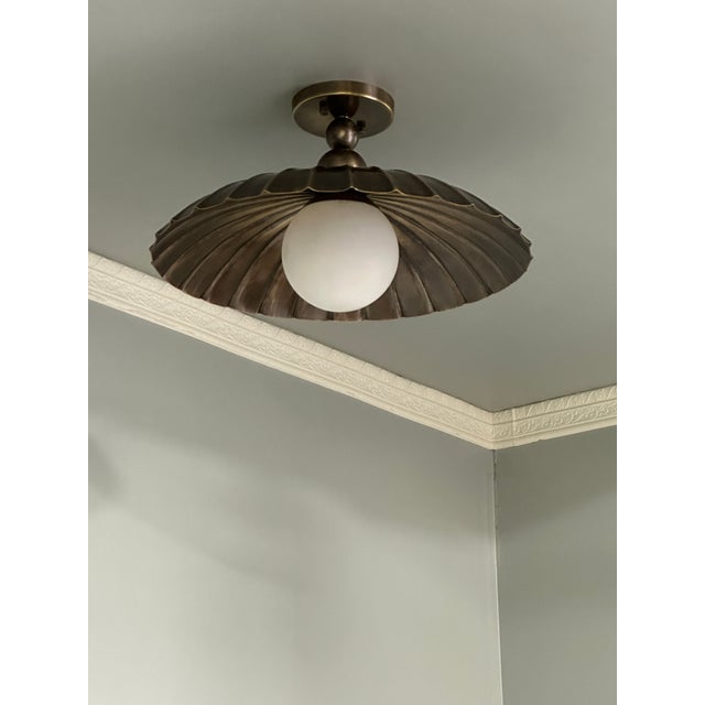 Metal Elegant Brass Flush Mount Ceiling Light – Scalloped Dome Shade With Globe Bulb For Sale - Image 7 of 9
