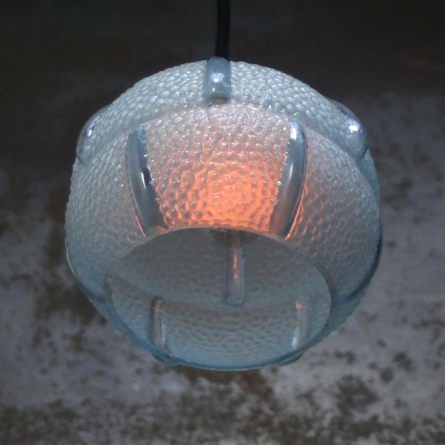 French Art Deco Blue Reeded Glass Pendant Lamp For Sale - Image 4 of 6