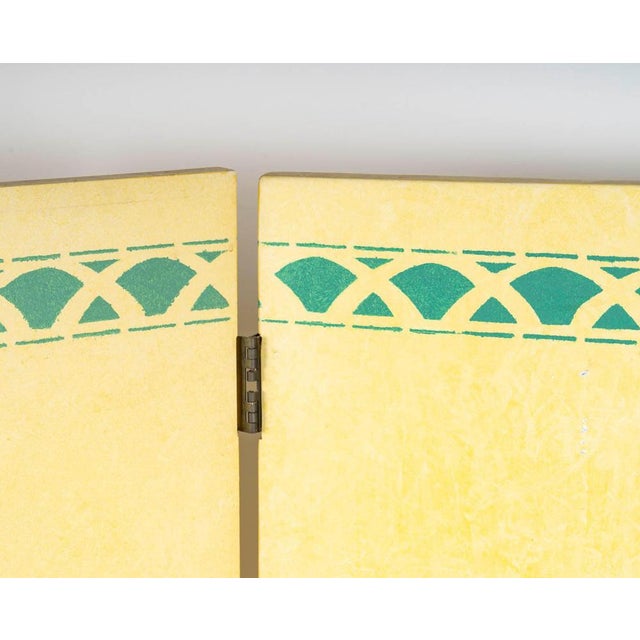 Painted wooden folding screen, 5 panels, 20th century. Centre: h: 128cm, w: 59cm, d: 2.5cm sides: h: 128cm, w: 40cm, d: 2,5cm