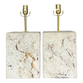 Vintage Boho Coquina Block Table Lamps - a Pair