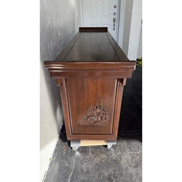 Mid 20th Century Chinese Export / Chinoiserie Relief-Carved Credenza or Sideboard For Sale In Boston - Image 6 of 18