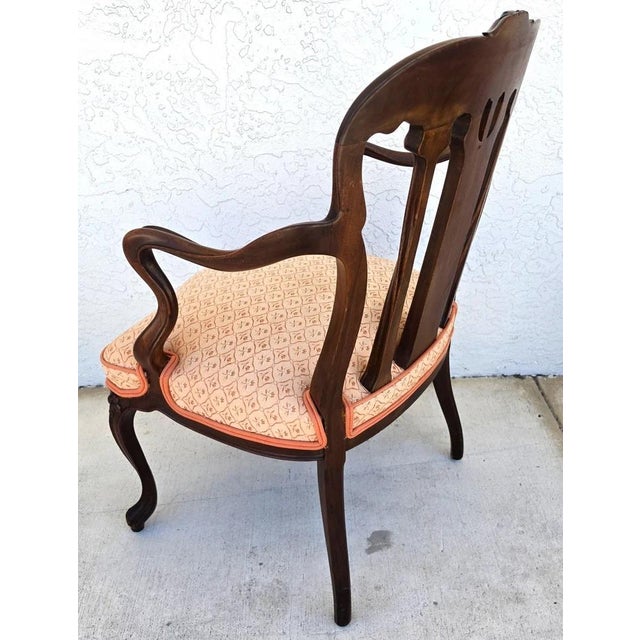 Peach 19th Century Antique Art Nouveau Edwardian Carved Walnut Armchair For Sale - Image 8 of 16