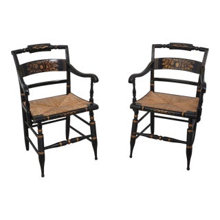 Pair Hitchcock Rush Seat Early American Armchairs For Sale