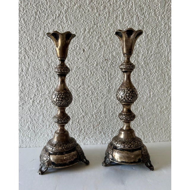 Late 19th Century Rare 19th C. Antique Silver Judaica Shabbat Candlesticks Polish Szekman For Sale - Image 5 of 18