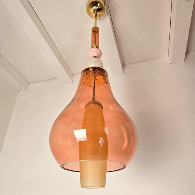 1990s Pink and Amber Murano Glass Pendant Lights - Pair For Sale In Dallas - Image 6 of 13
