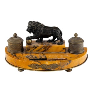 Antique French Bronze & Sienna Marble Encrier Inkwell W Lion Sculpture For Sale