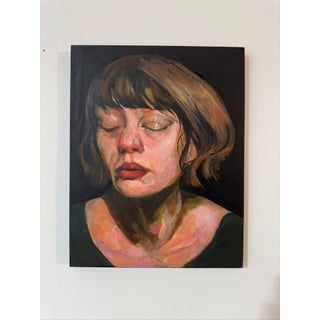 At The Verde River- Twice by Fikriye Oz | Oil On Wood Portrait of a woman with closed eyes For Sale