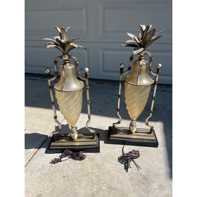 American Pair of Vintage Uttermost Cut Crystal and Metal Pineapple Table Lamp For Sale - Image 3 of 9