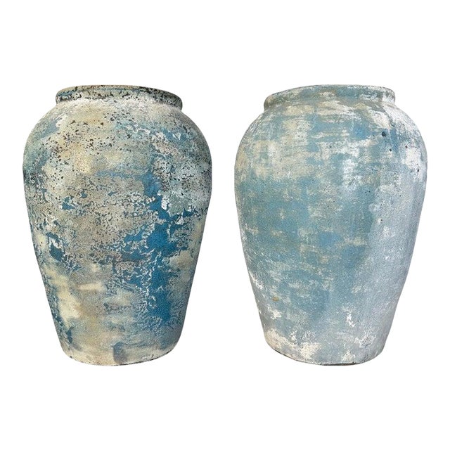 Pair of Large Antique Terracotta Urns With Weathered Blue Patina For Sale